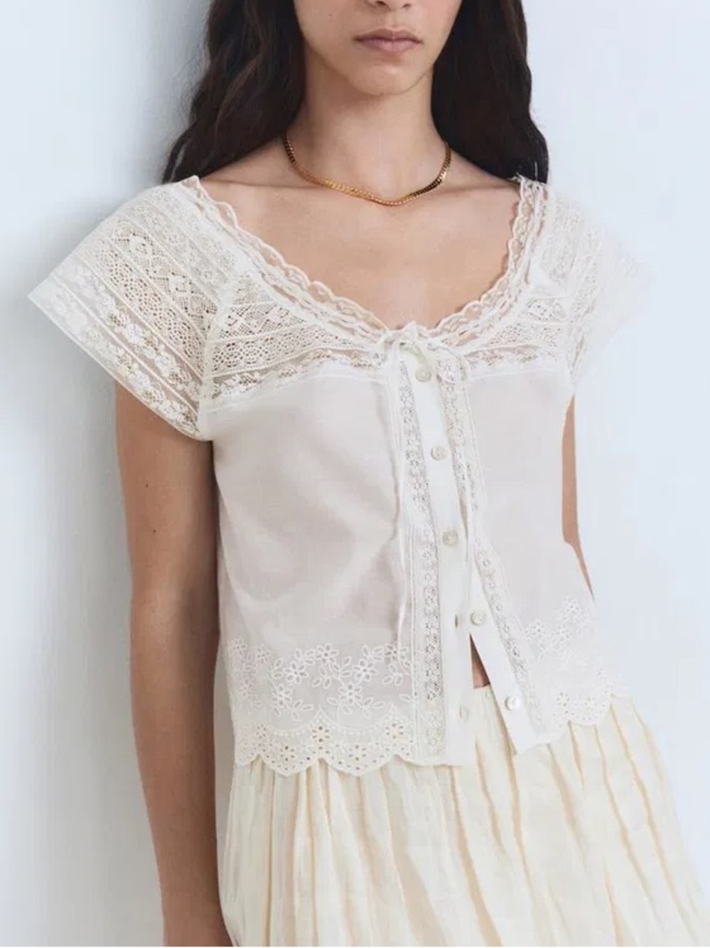 Ivory Lace-Trim Cotton Blouse